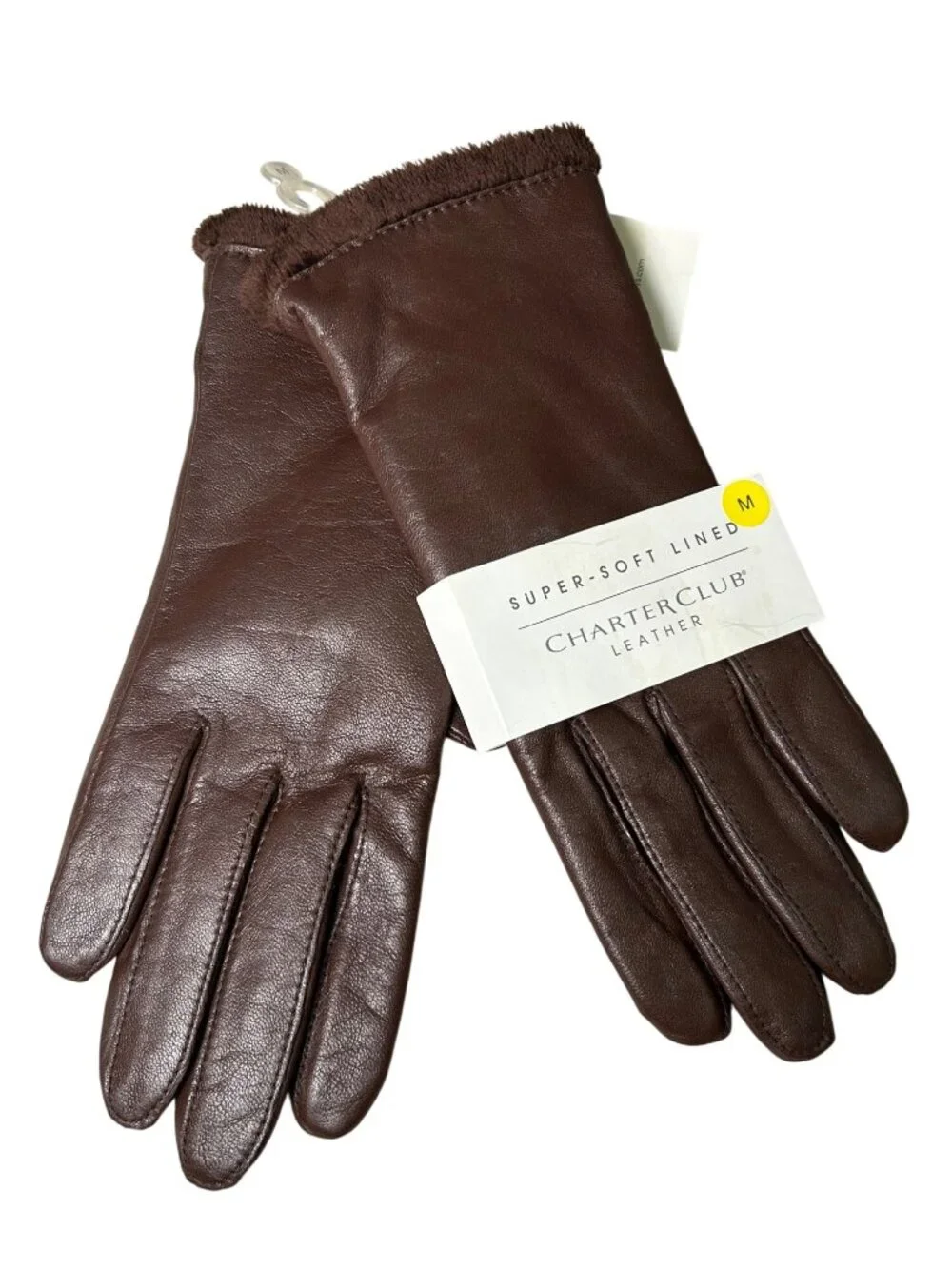 NEW Charter Club Brown Leather Gloves Women's M Super Soft Microfur Lined NWT